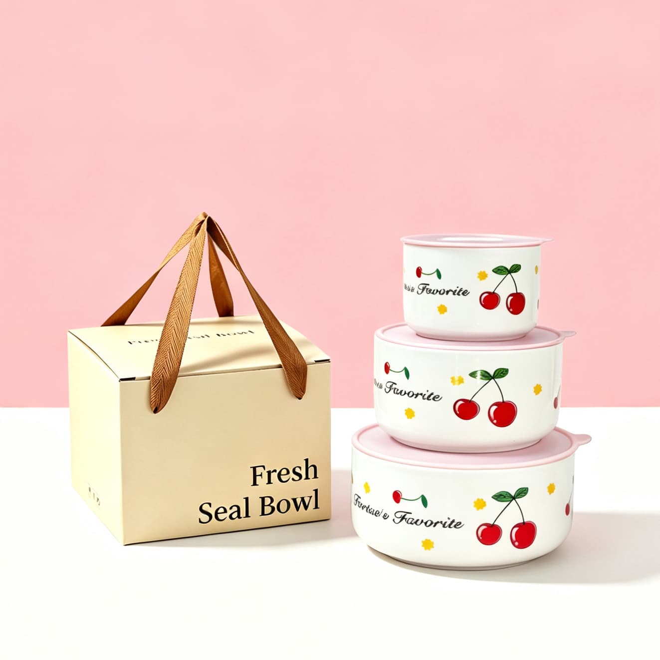 Creative fresh-keeping bowl cherry three-piece gift bowl wedding party wholesale printed LOGO gift box set sealed bowl