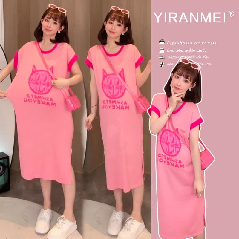 Maternity Dress 2025 Summer Round Neck Cat Print Short Sleeve Contrast Color Fashion Age-Defying Versatile Loose Plus Size Maternity Dress