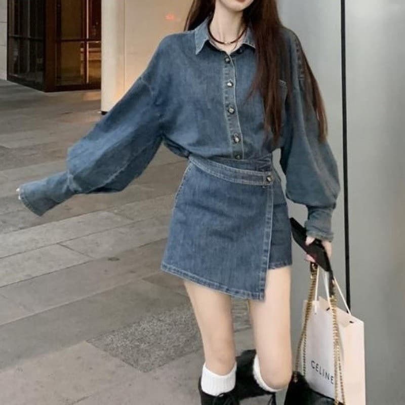 Spring Hot Sale Of The Season Women's American Retro Long Sleeve Denim Shirt High Waist Slimming Skirt Pants Set Asymmetrical De
