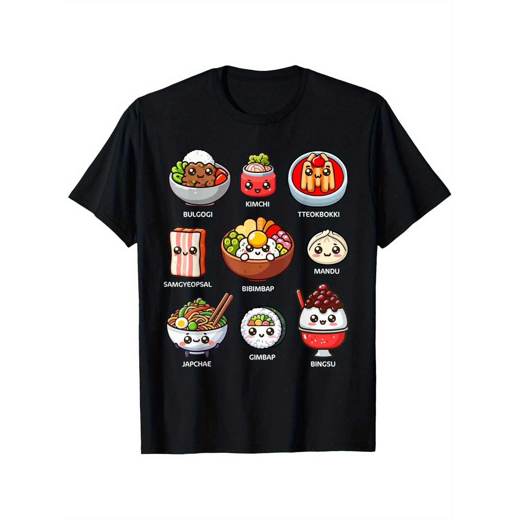Cute Korean Food Kawaii T-Shirt Bulgogi Bibimbap & Japchae Printed Short Sleeves