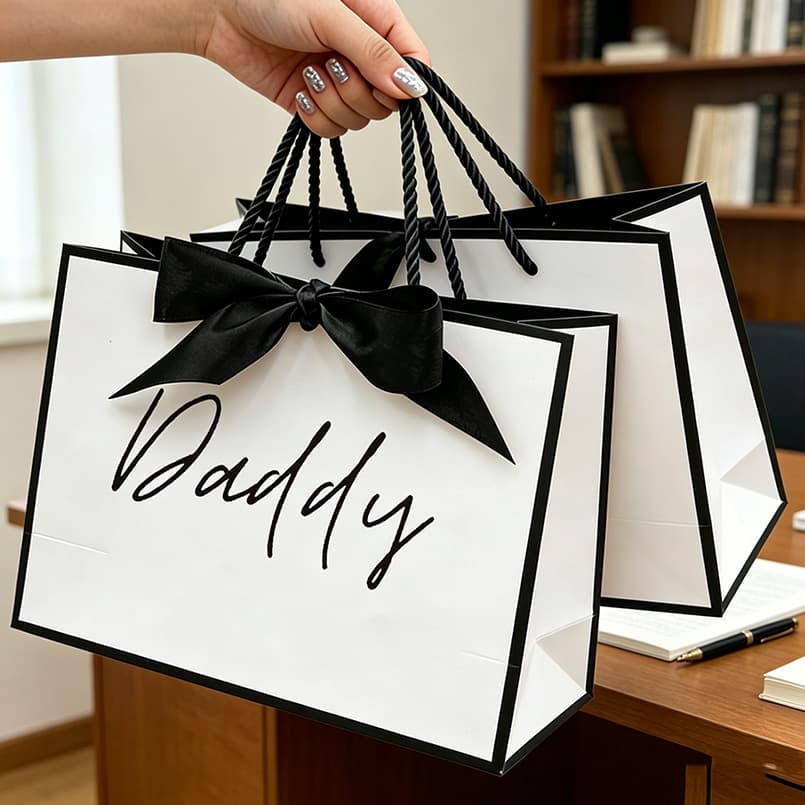 Black and White Edge Bow Handle Paper Bag with Daddy Letter Print Gift Bag for Father's Day Gift Wrapping