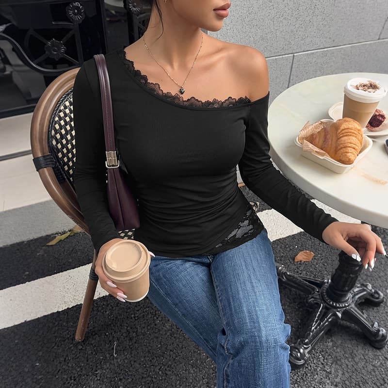 Europe and America Cross-border 2026 Autumn New Gentle Hot Girl Style One-Shoulder Asymmetric Lace Spliced Off-Shoulder Slim Fit Top