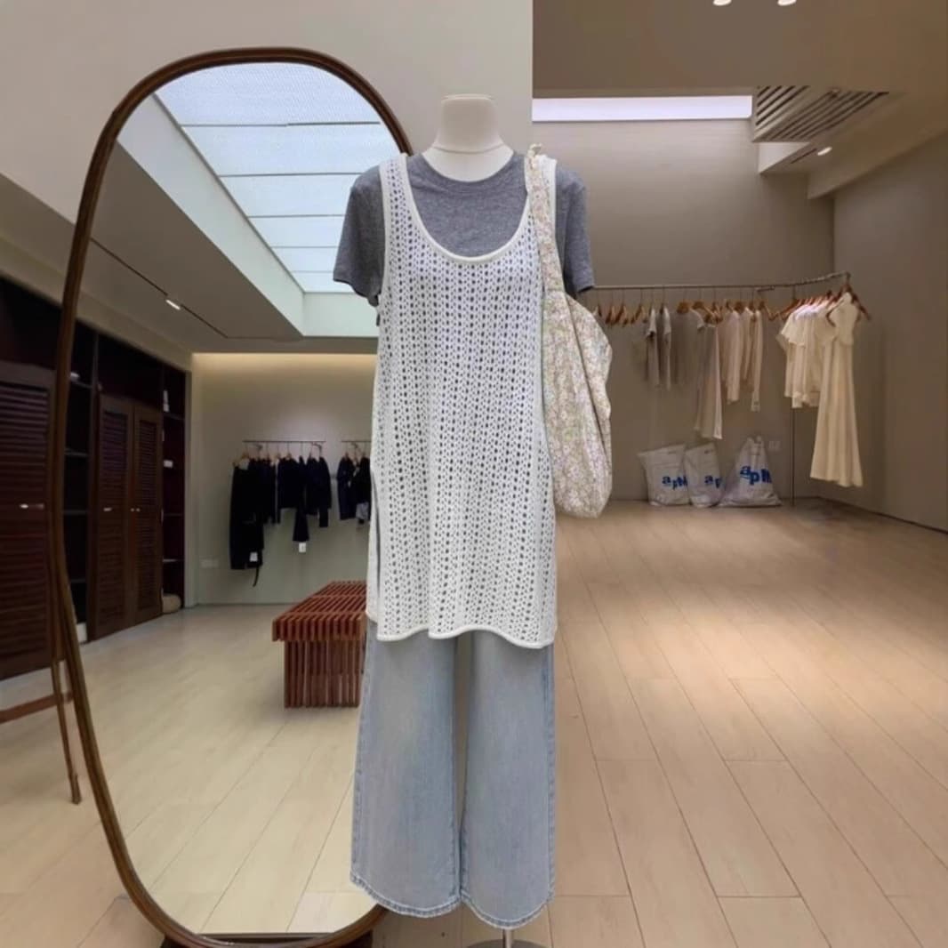 U-neck early spring summer hollow sweater blouse sleeveless dress women's stacked side slit stacked vest skirt