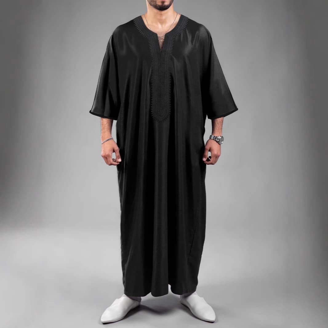 2025 New Style Middle Eastern Solid Color Muslim Medium Sleeve Embroidery Ethnic Moroccan Men's Robe True Size