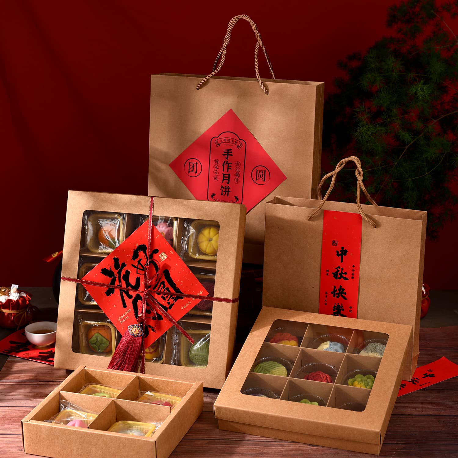 Chinese Pastry Packaging Box, Red Nine-Grid Gift Box for Mung Bean Cakes, Mooncakes, Flower Pastries, Handheld Souvenir Kraft Box