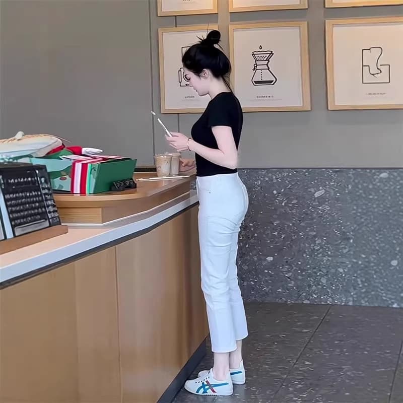 White Straight-Leg Jeans for Women Summer Thin 2026 New Style Cropped for Petite 9/8 Length Slim Cigarette Baguette Pants