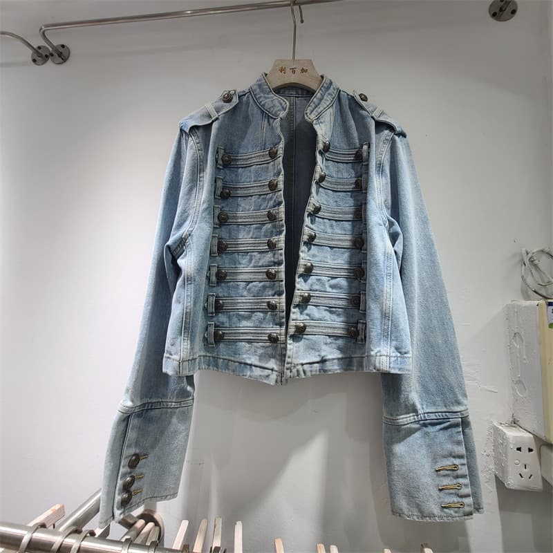 2026 Spring New Arrival Vintage Metal Bone Button Design Strap Washed Denim Top, Influencer Favorite for Cross-Border Sales