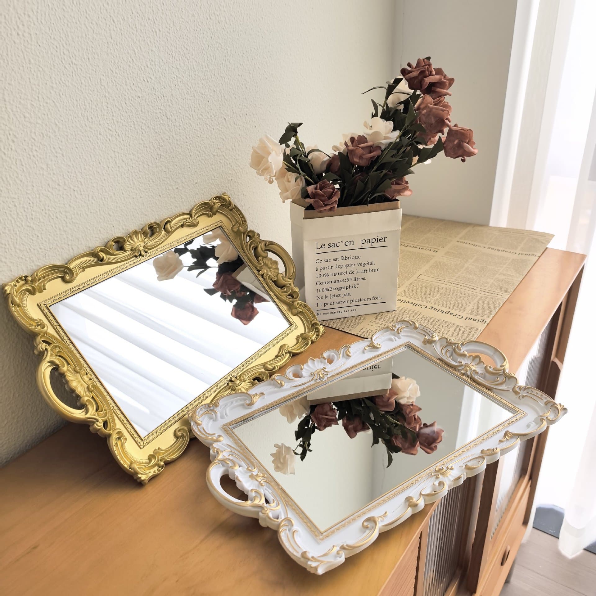 Retro square mirror tray large size palace embossed wall mirror exquisite cosmetic mirror decoration holiday gift