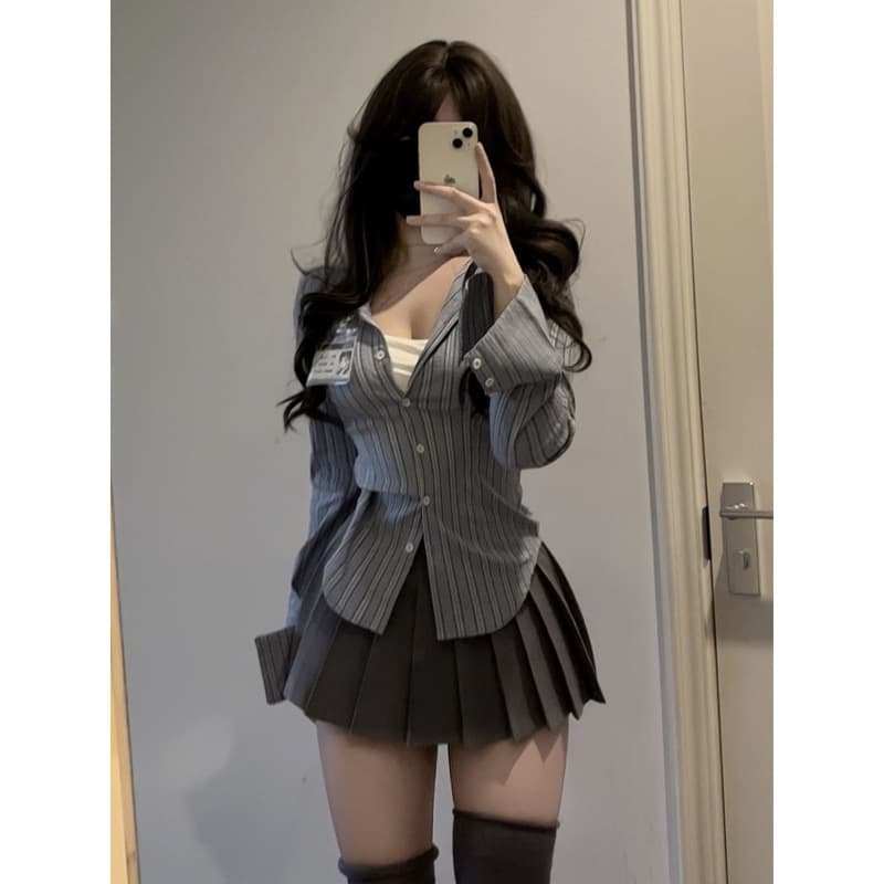 JK Uniform School Style Striped Waist-Cinching Shirt Women Pure Desire Design Top Spicy Girl Slimming Long-Sleeve Shirt