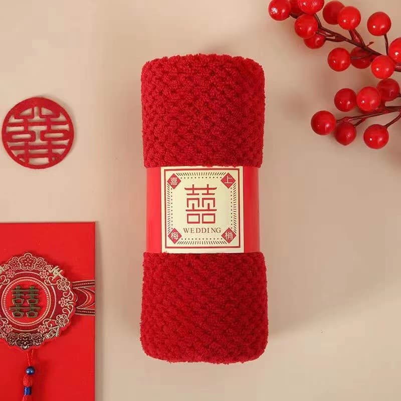 Red Coral Fleece Wedding Towel with Double Happiness Character, Face Towel, Wedding Return Gift, Souvenir, Absorbent, Household, Cross-Border Drop Shipping