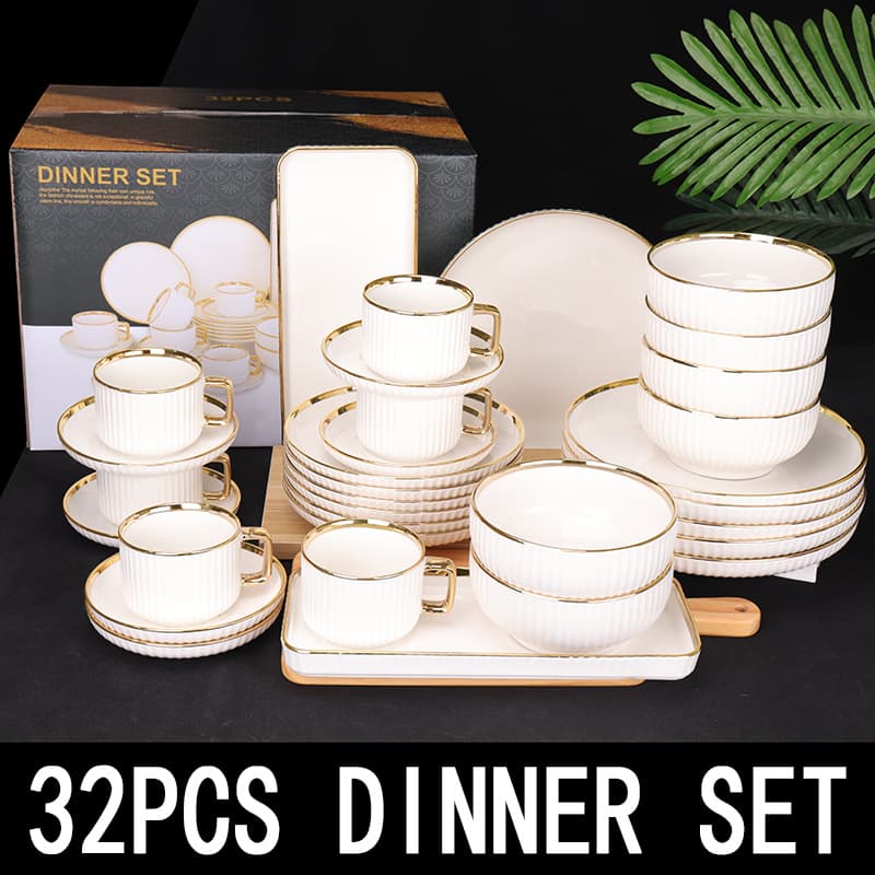 32pcs dinnerware set32-head electroplated gold-rimmed ceramic tableware gold-plated vertical pattern cups, saucers and dishes set