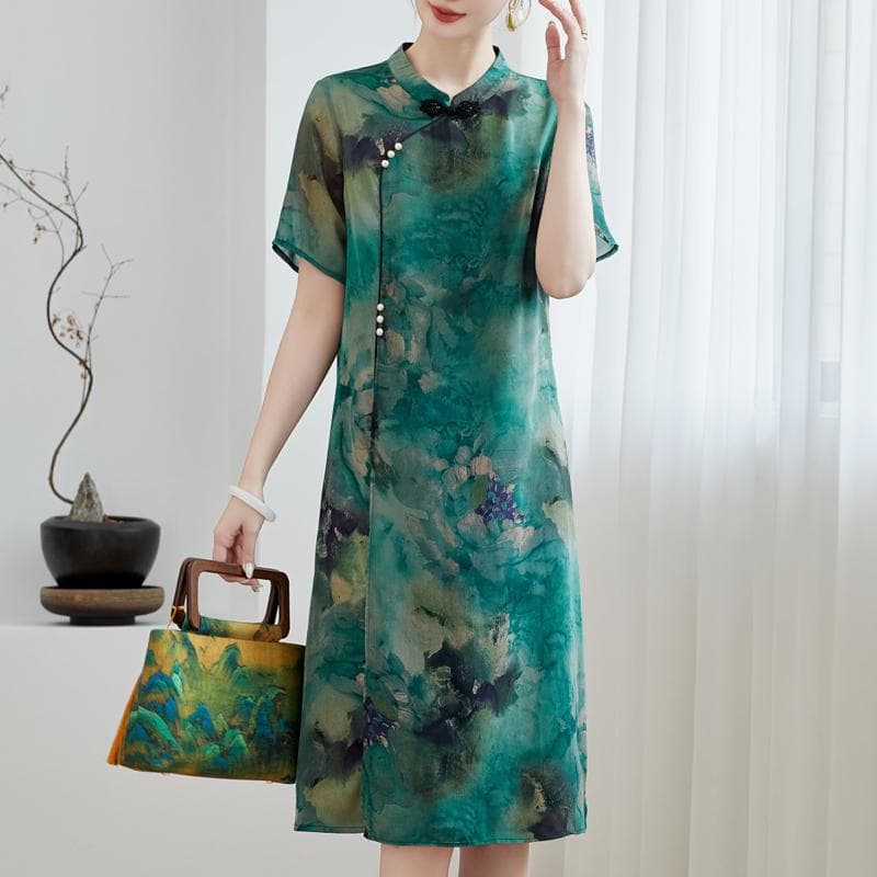 Chinese-style Cheongsam Summer Dress for Mothers, Fashionable Short Sleeve, Vintage Qipao for Elderly Women, Chiffon Long Skirt