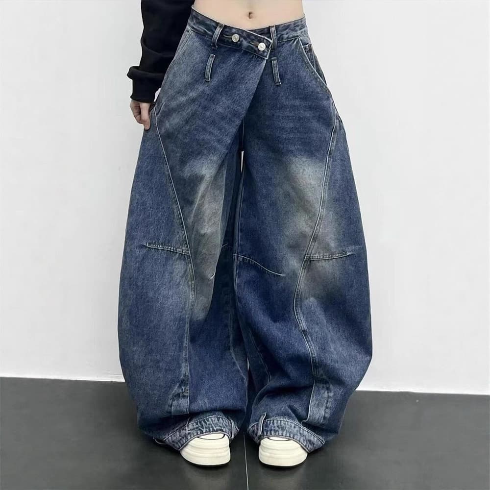 American-style asymmetrical waistband jeans for women, vintage worn-in lazy curved-leg long pants