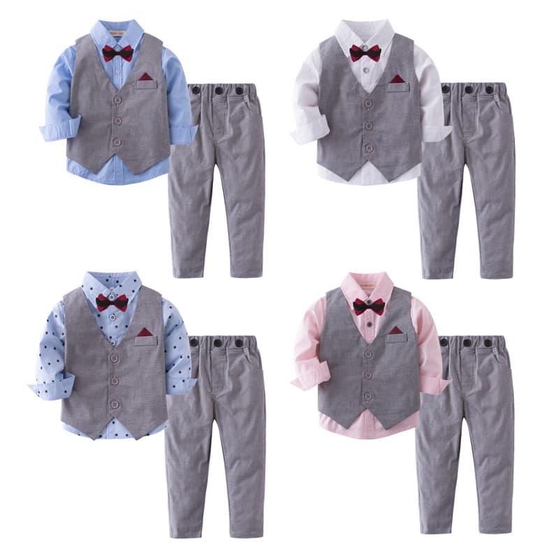 Spring and Autumn Dresses and Children's Clothing, Boys and Infants, Gentlemen's Long-Sleeved Shirts, Vests, Plaid Striped Pants, Three-piece Children's Suits