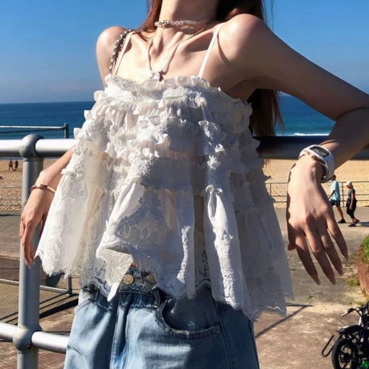 White Lace Camisole Top Women 2026 Summer New Design Sense Niche Delicate Ruffle Hem Very Beautiful Blouse