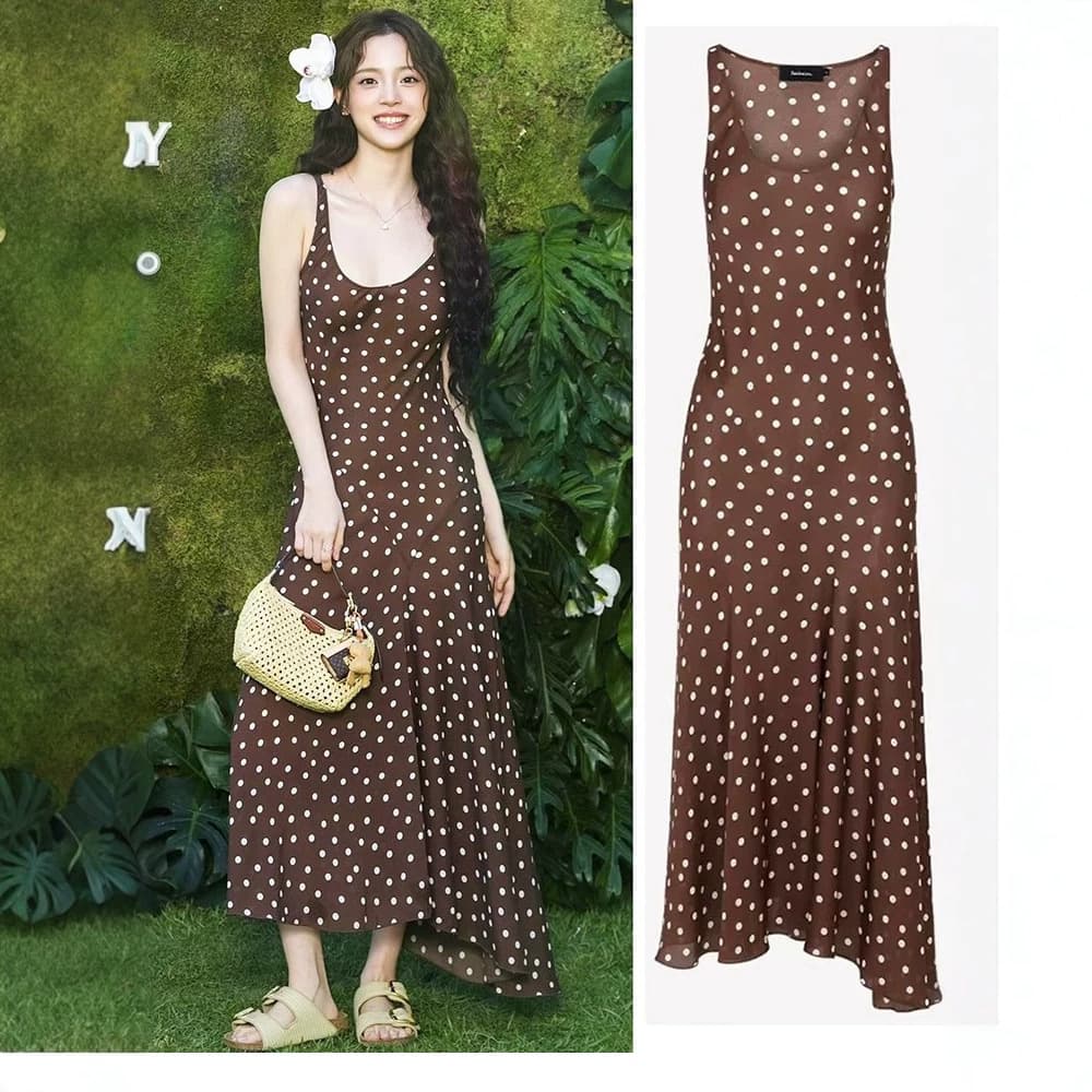 Summer new style Ouyang Nana's same silk dress French retro sleeveless polka dot long skirt slim holiday style