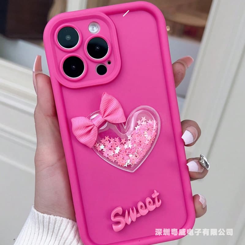 Rose Bow Sequins Liquid Sand Case for iPhone 16 Pro, 15 Pro, Apple 14, 13, 12, 11 Full Coverage