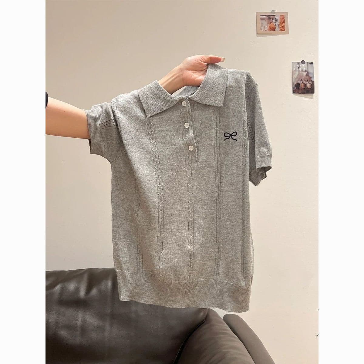 Gray Polo Collar Short Sleeve Knit Top Women Summer New Butterfly Embroidery Slim Fit Versatile Top