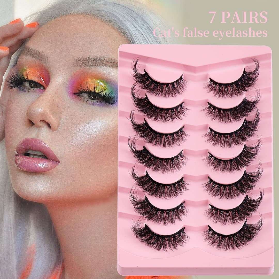 Cross-border Hot Style 7 Pairs Fox Eye False Eyelashes Thick and Curled Wholesale Cat Eye Lashes Eye-End Lengthening False Eyelashes