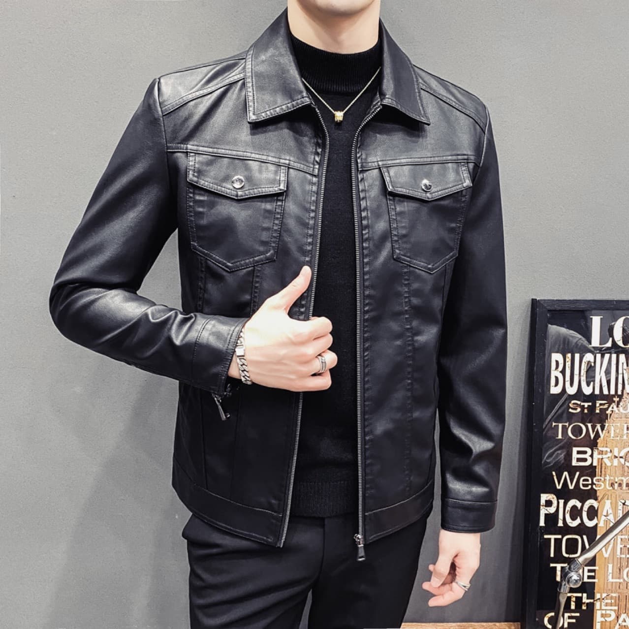 New Autumn/Winter Men's Quilted Casual Leather Jacket, Motorcycle Jacket, Slim Fit, Korean Style, Lapel, Men's PU Leather Jacket
