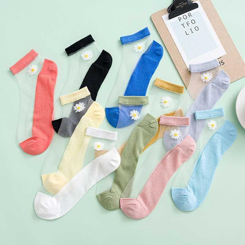 Women's Spring and Summer Socks, Korean Style, Versatile, Small Daisy Crystal Socks, Sheer Silk Socks, Thin No-Show Socks, 10 Pairs, Silky Smooth