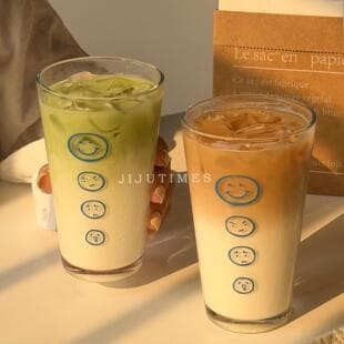 Ins Style Smiley Face Printed Glass Cup, Iced Americano Latte Coffee Cup, Household Water Cup, Juice Cup, Breakfast Milk Cup