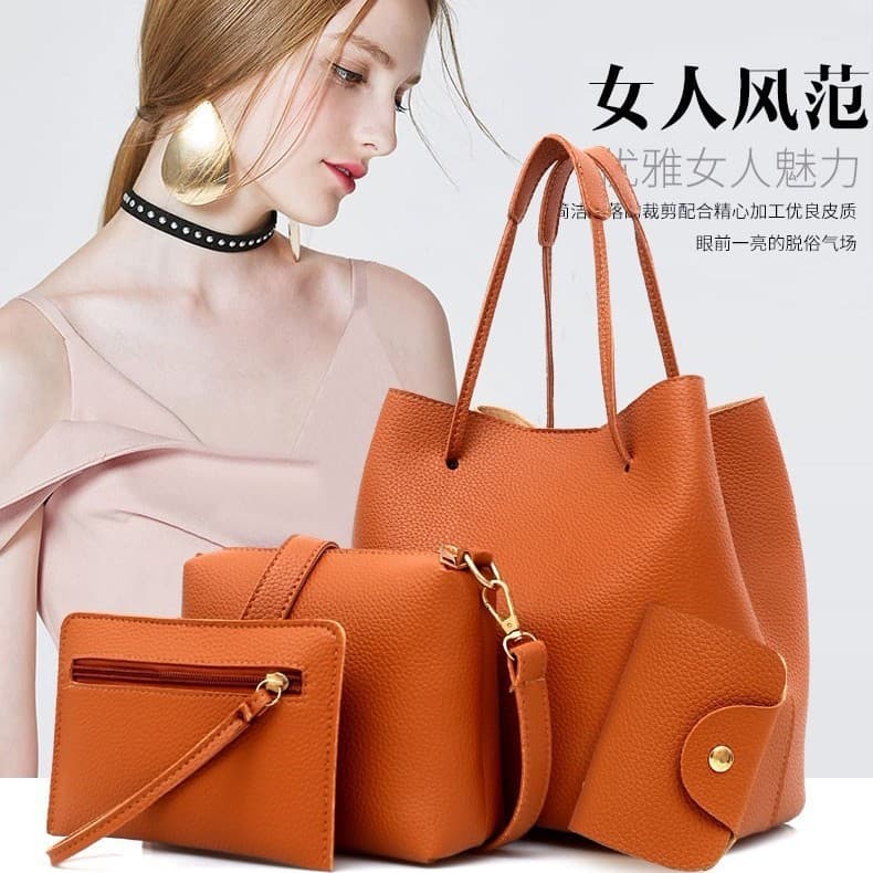 2025 Spring New Lychee Pattern Women's Bag Fashion Large Bag Korean Style Shoulder Handbag Crossbody 4-Piece Set Bucket Bag