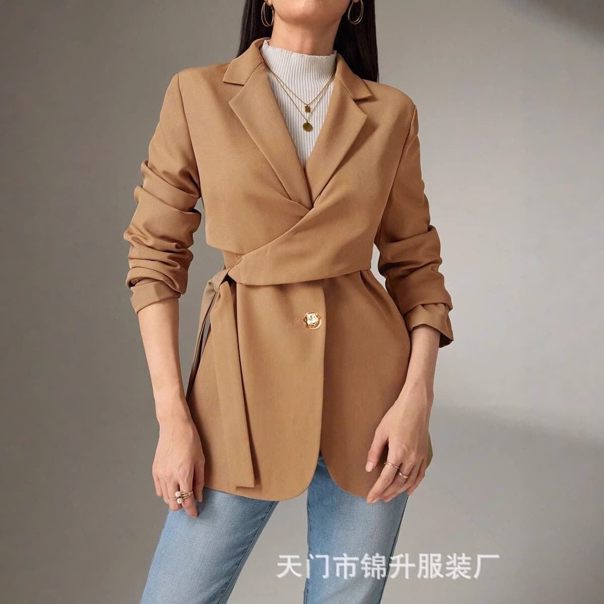 Cross-border Trade Women's Solid Color Elegant Notched Lapel Wrap Tie Slim Fit Blazer Jacket