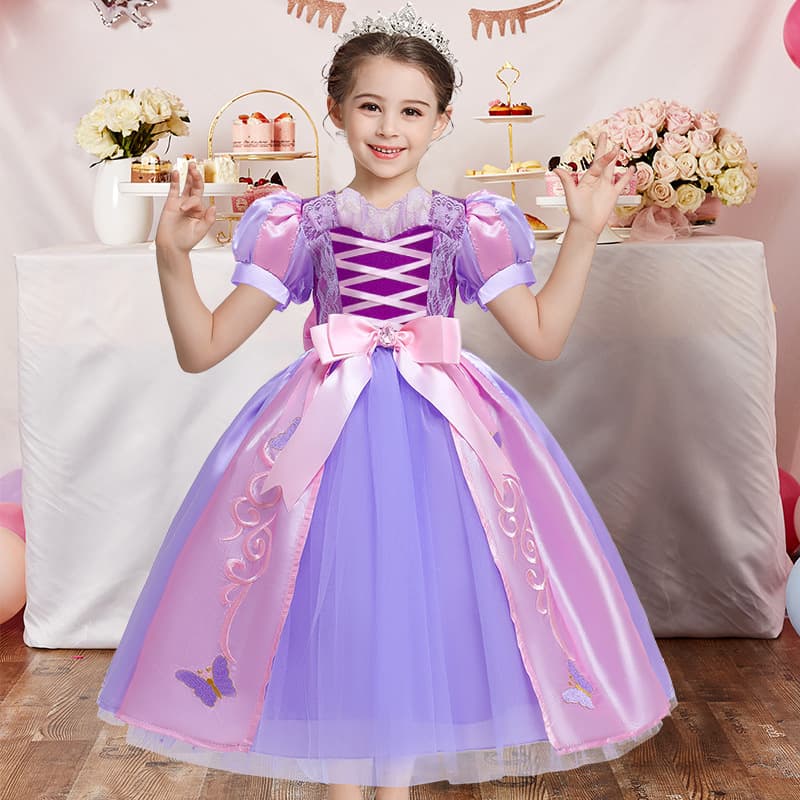 Sophia Frozen Rapunzel Girls Bubble Sleeve Contrast Color Cute Princess Dress Lace Gown