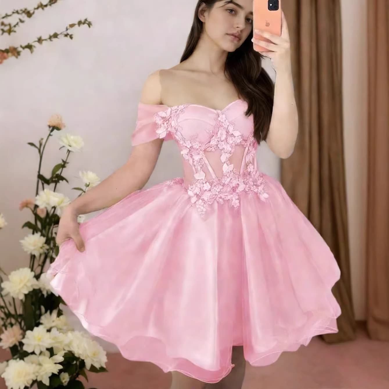 Pink One-Shoulder Short Evening Dress 2026 New Style Three-Dimensional Floral Princess Tutu Dress Graduation Prom Dress Wholesale