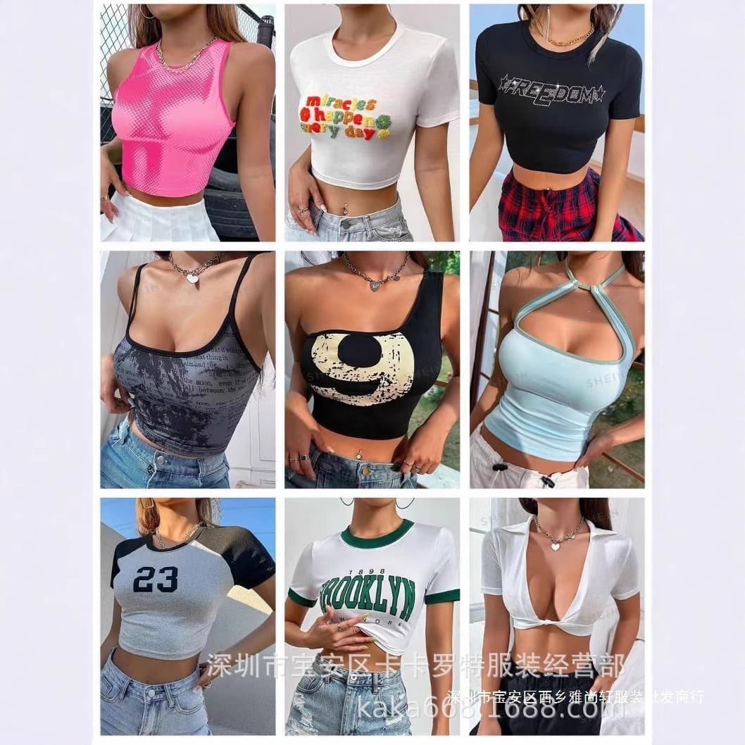 Ins Internet Celebrity Hot Girl T-Shirt European and American Sexy Mixed Short-Sleeved Tops Cross-Border SHEIN Hot-Selling Wholesale