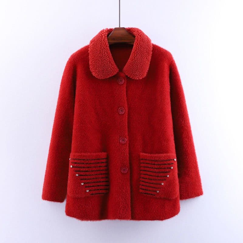 Autumn/Winter Middle-Aged & Elderly Mink Velvet Women's Jacket, Fashionable Lapel, Plus Size Mom Wear, Loose Fleece-Lined Thick Wool Coat