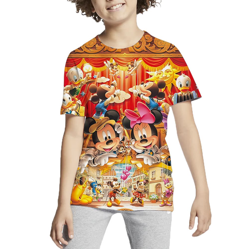 Mickey and Minnie Cartoon 3D Digital Print Cartoon Mouse Pattern Short Sleeve Girls' Casual T-Shirt