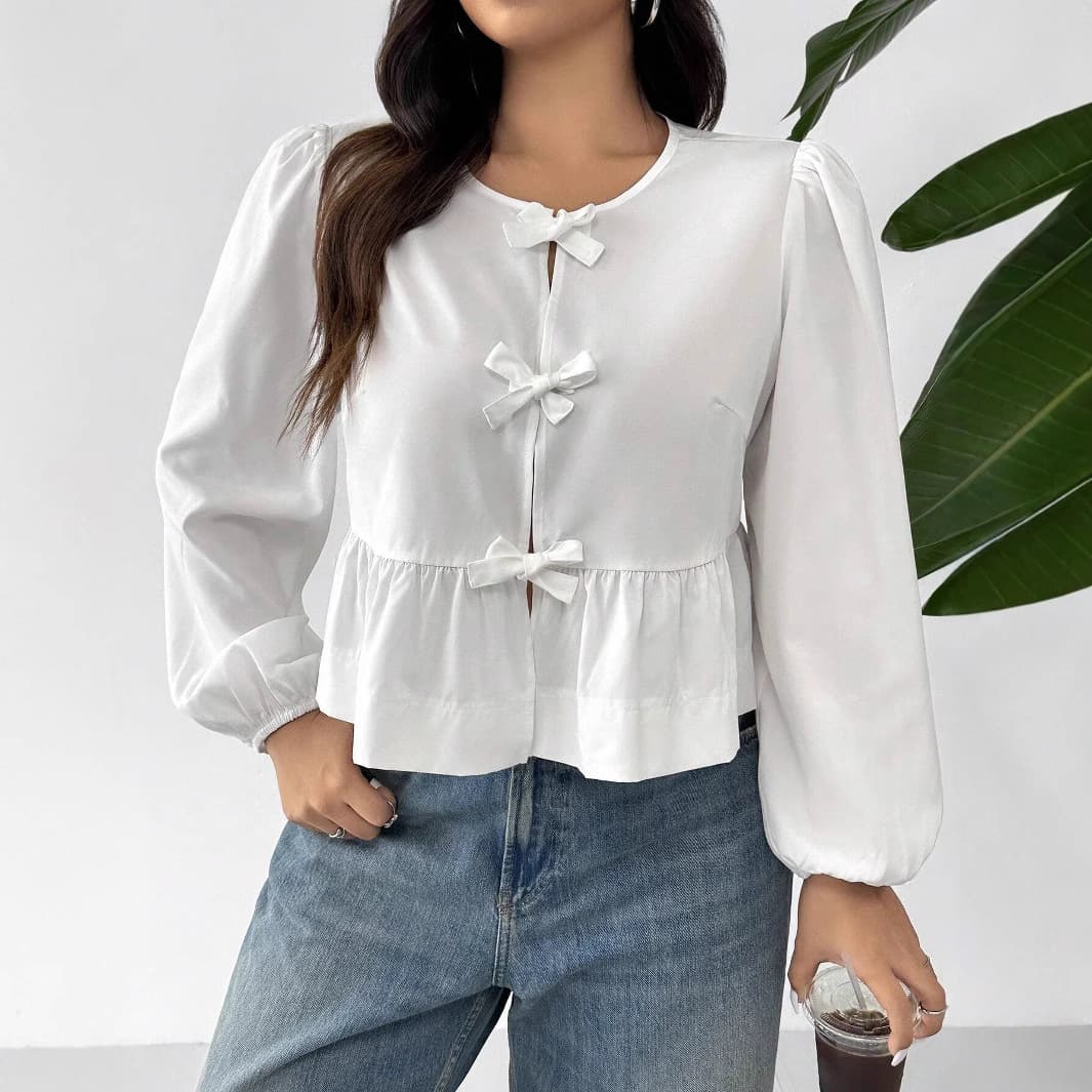 2024 Cross-Border Plus Size Women's Soft Solid T-Shirt Autumn Winter Long Sleeve Bow Cardigan Top High Quality