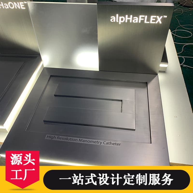 Stainless steel display cabinet hardware small display stand rack brushed mirror matte luminous shape promotional table brand customization.