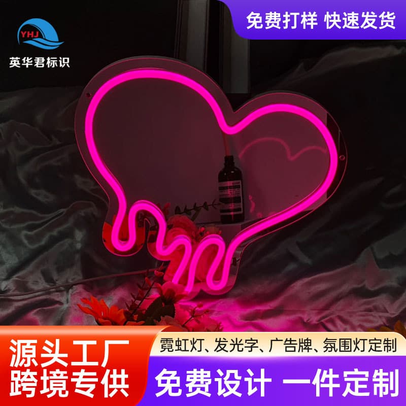 Factory Direct Sales KTV Popular Creative LED Heart-Shaped Mirror Neon Light Cat Makeup Mirror Cafe Atmosphere
