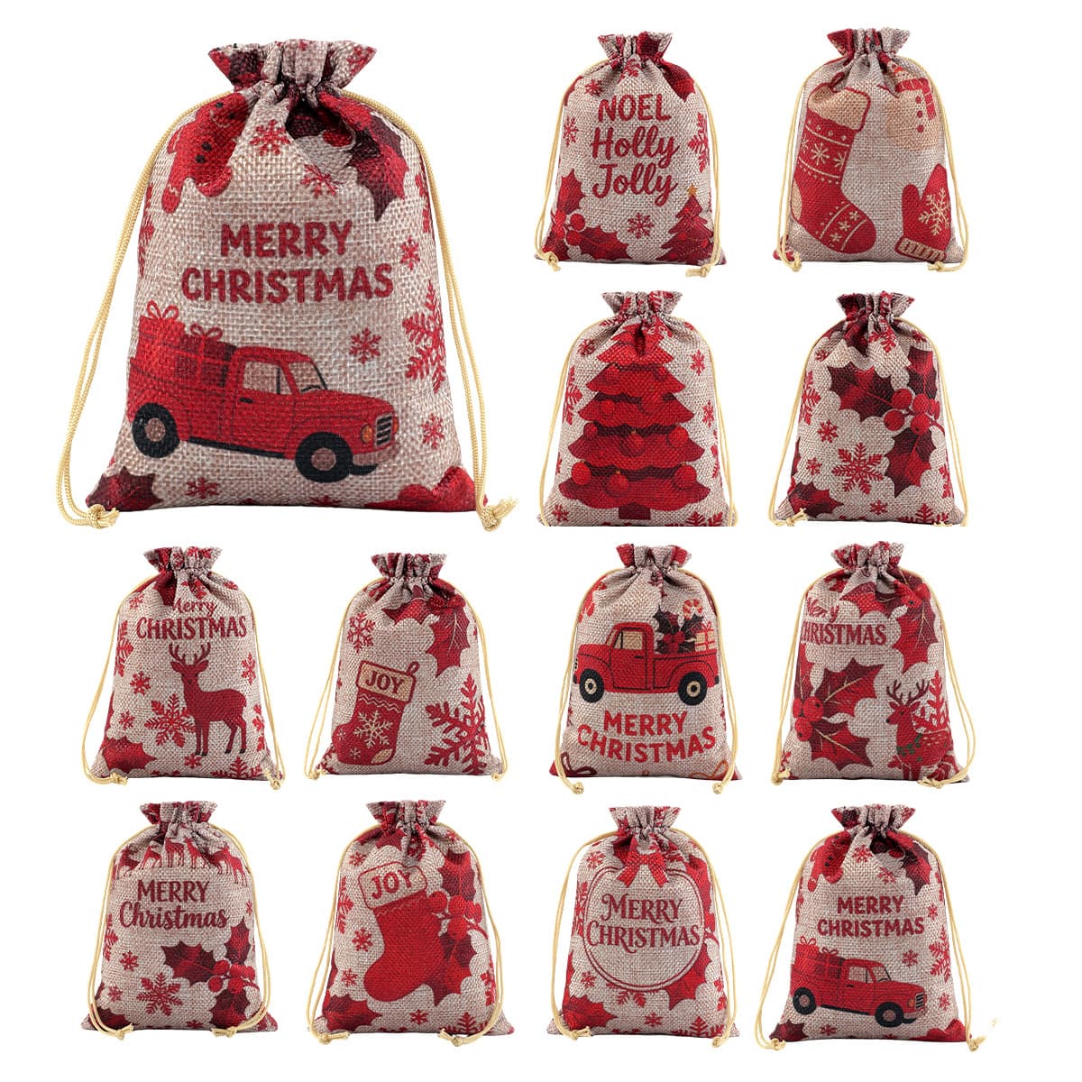 12pcs Christmas Gift Bags Multi-Style Printed Holiday Candy Gift Storage Bags Faux Linen Drawstring Cinch