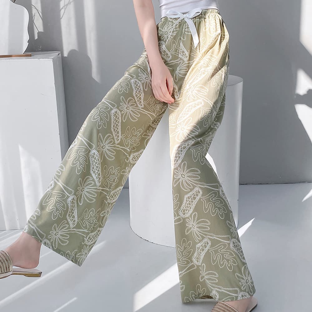 Women's Cotton Silk Sleep Pants Summer Thin Plus Size Artificial Silk Outwear Home Floral Print Straight Loose Pants