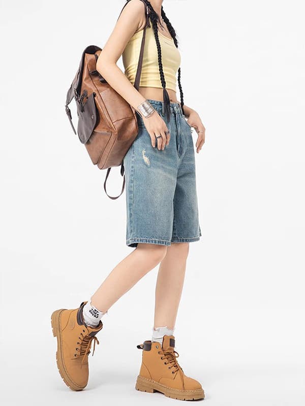 Distressed Pocket Light Wash Denim Shorts for Women 2026 New Summer High-Waist A-Line Straight Leg Bermuda Shorts