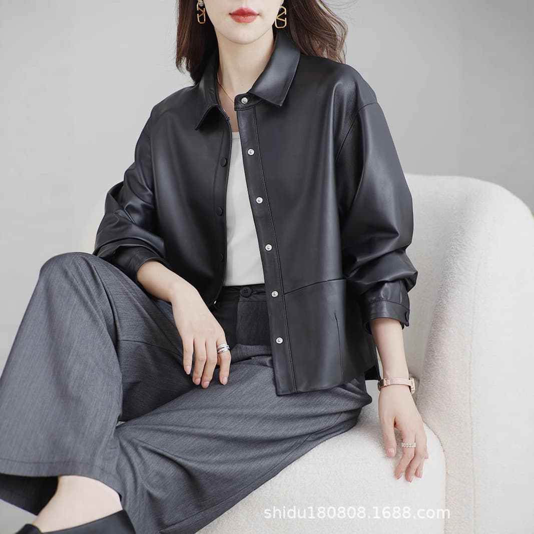 Genuine Sheep Leather Jacket for Women, Short Style with Shirt Collar, Casual and Simple Blazer Coat, Haining Commuter Fashion