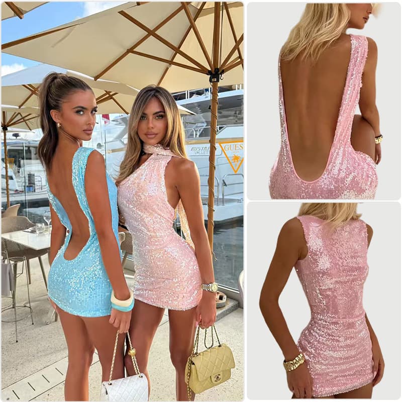New European and American Sequin Round Neck Dress for Vacation Party, Socialite Style Women's Fitted Bodycon Dress with Open Back