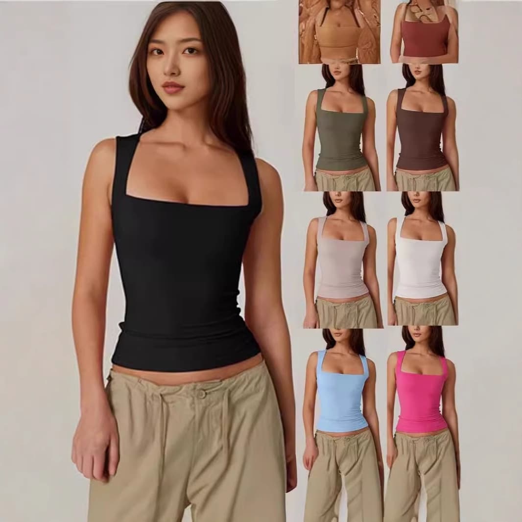 2025 New Summer Women's Square Neck Sleeveless Double-Layer Vest Basic Fitted T-Shirt