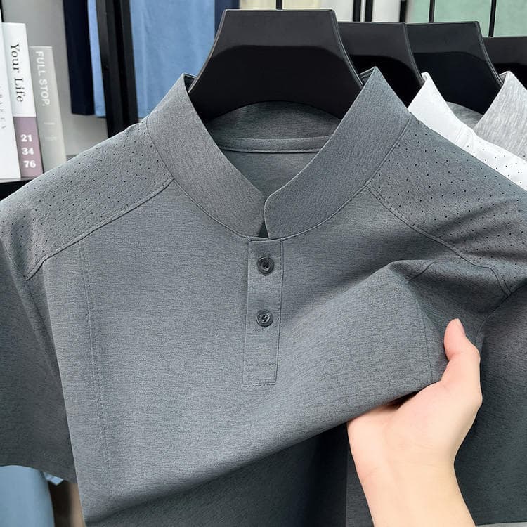 Middle-aged New Chinese Style Buttoned Stand Collar T-Shirt Men's Summer Simple Casual Versatile Loose Short Sleeve Thin Top