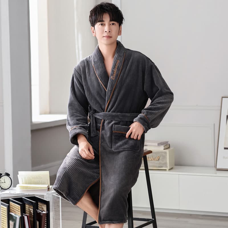 Men's Autumn and Winter Flannel Fleece-Lined Thickened Long Coral Fleece Nightgown Winter High-Grade Bathrobe Men's Bathrobe