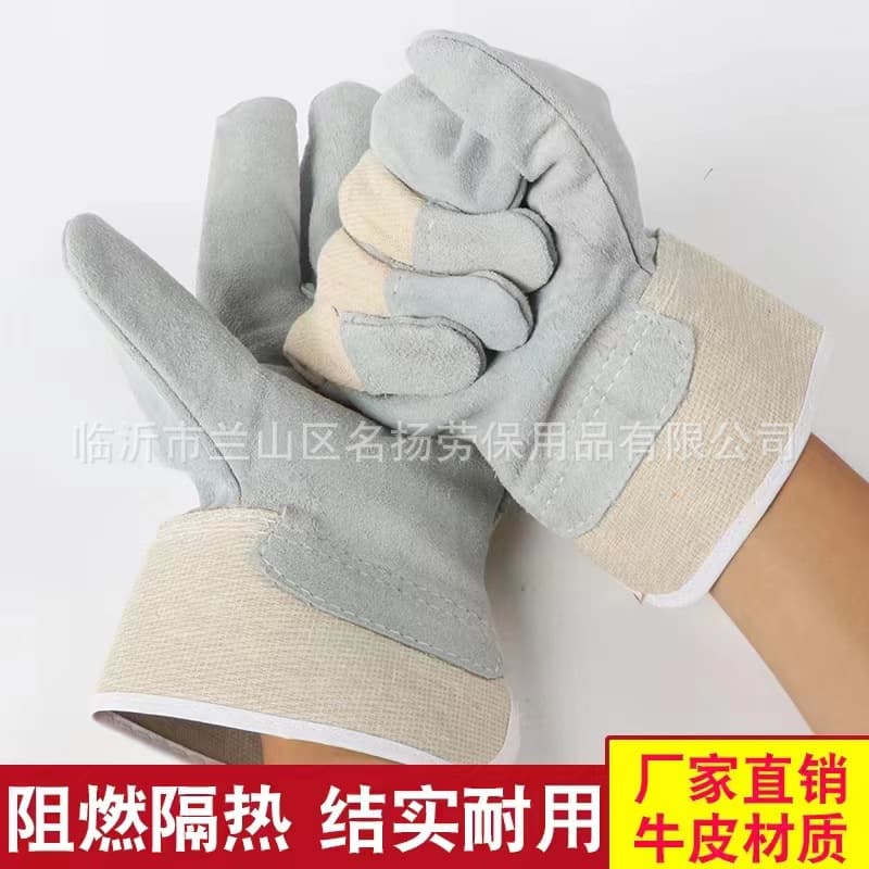 Manufacturer sales short style welding beast welder gloves, split cowhide half leather white cloth two-finger wear-resistant electric welding specialized.