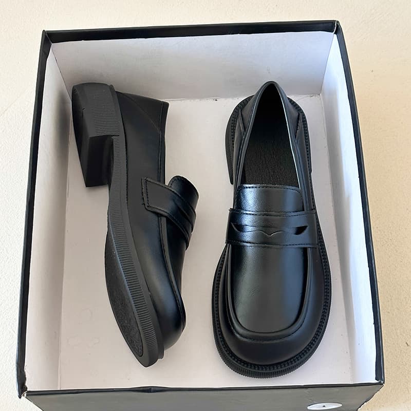 Black British Style Leather Loafers for Women, Chunky Heel 2025 Spring Autumn New Arrival, Slip-On Round Toe 2-Way Women's Shoes