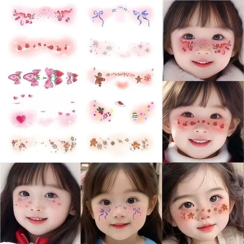 Christmas Face Water Transfer Easy-Remove Tattoo Stickers: Snowflake Decals, Girly Blush Makeup Look, Cute Cosplay Tattoos