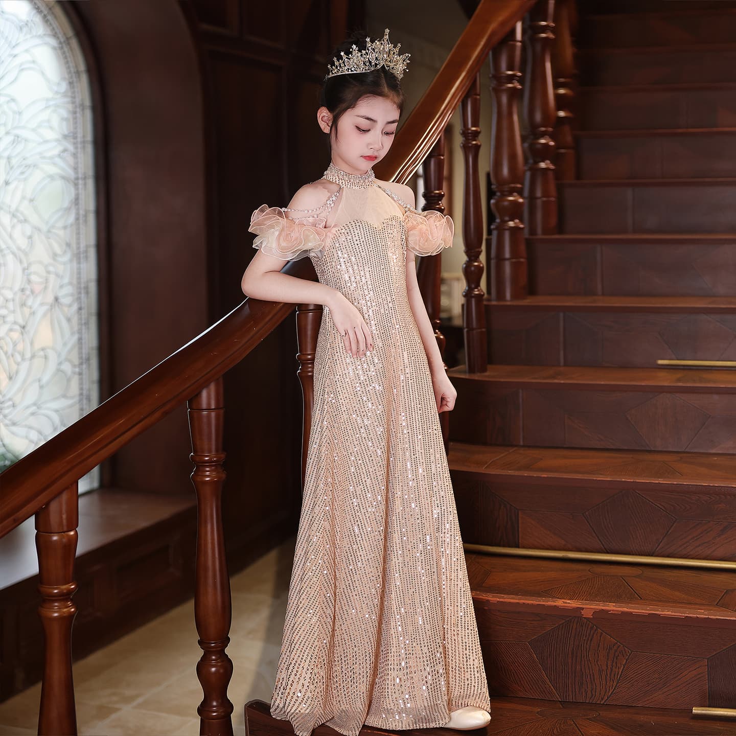 Girls' Sequin Mermaid Dress High-End Luxury Niche Children's Birthday Host Catwalk Piano Performance Costume