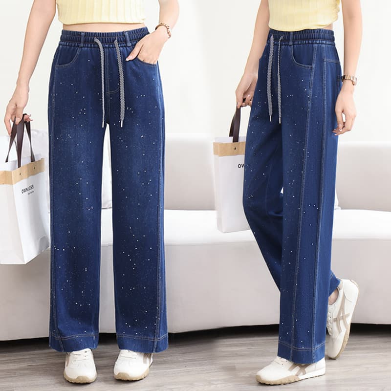 2026 New Denim Curved Leg Pants for Women, Summer Wide Leg Pants, Elastic Waist Drawstring Loose Silver Straight Casual Long Pants