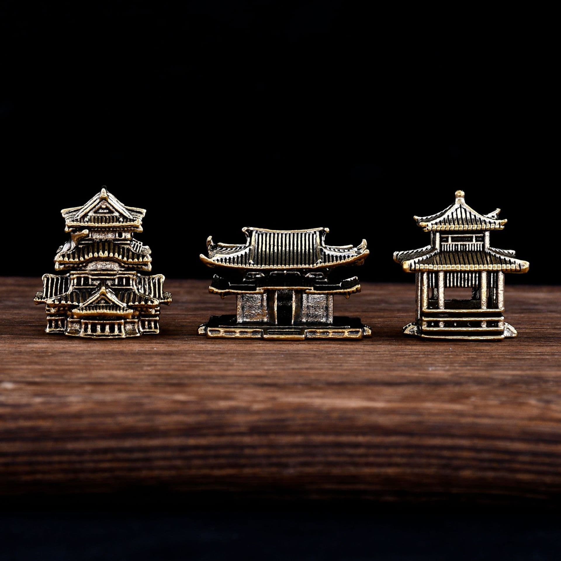 Brass Micro Landscape Ancient-Style Pavilion Rockery Old Pavilion Bonsai Ornament Chinese Ancient Architecture Miniature Model